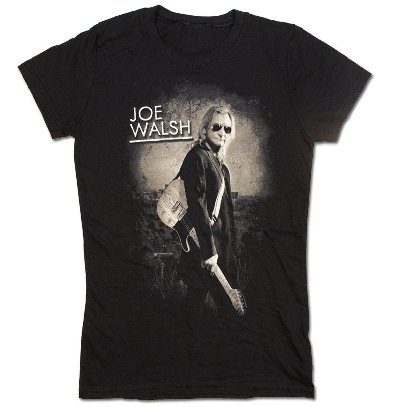 womens tee-black- photo of Joe and guitar "Joe Walsh"