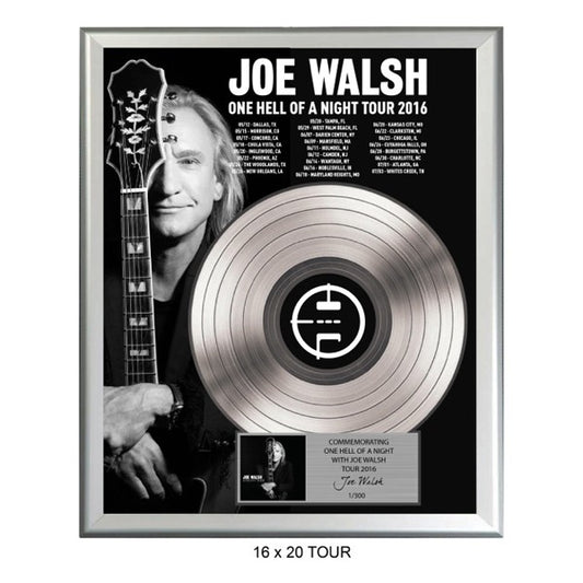 One hell of a night tour 2016 Gold Record plaque-photo of Joe holding guitar and 2016 tour dates and cities with vinyl in center