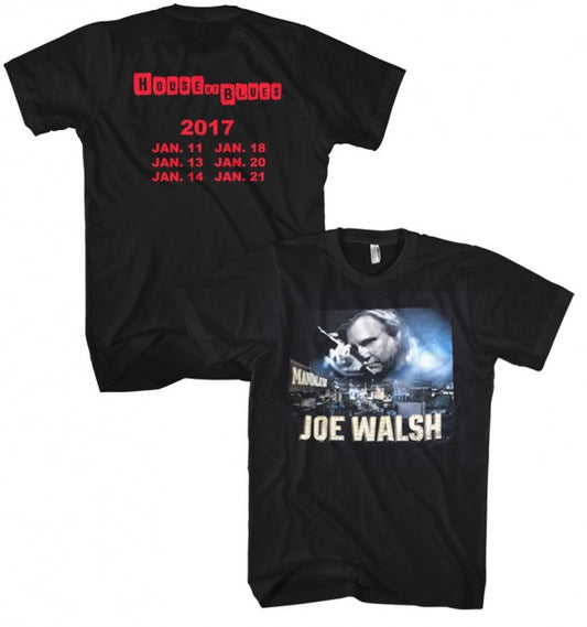 tee-black-front photo of House of Blues concert and Joe "Joe Walsh"-back "House of Blues 2017" with dates