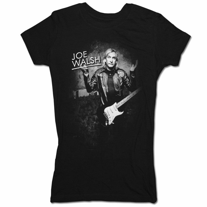womens tee-black-"Joe Walsh" Joe with guitar holding his hands up