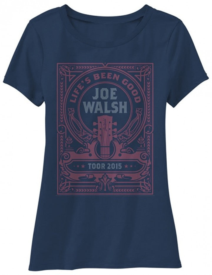 women's tee-navy-"Life's been good Joe Walsh Toor 2015" with guitar head