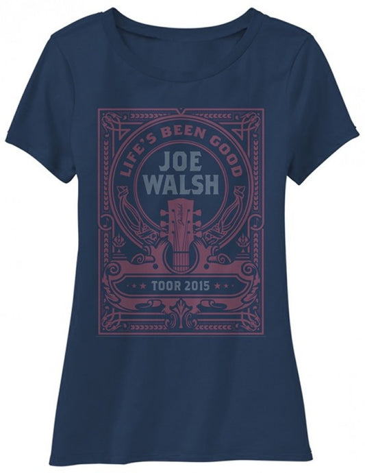 women's tee-navy-"Life's been good Joe Walsh Toor 2015" with guitar head