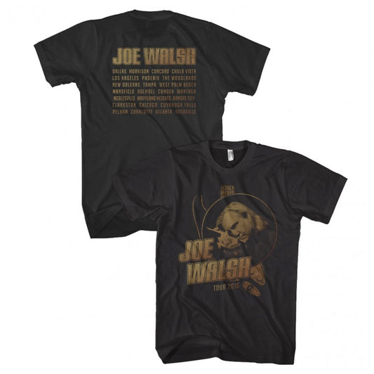 tee-black-front Photo of Joe looking down guitar "Joe Walsh Tour 2016"-back tour cities