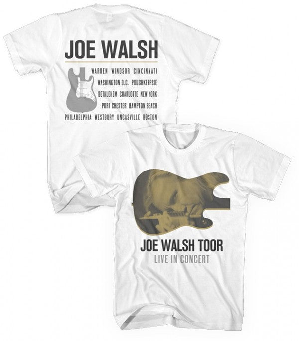 tee-white-front guitar with Joe's face "Joe Walsh Toor Live in concert"-back tour cities