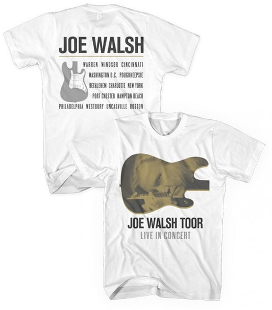tee-white-front guitar with Joe's face "Joe Walsh Toor Live in concert"-back tour cities