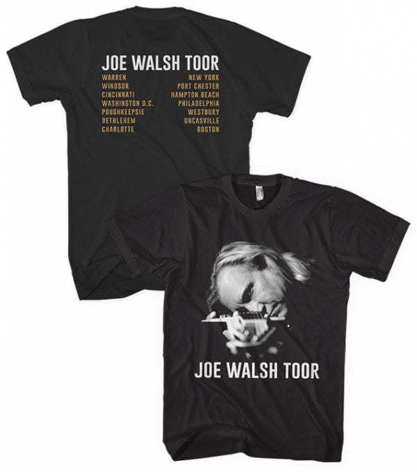 tee-black-front photo of Joe looking down Guitar "Joe Walsh Toor"-back tour cities