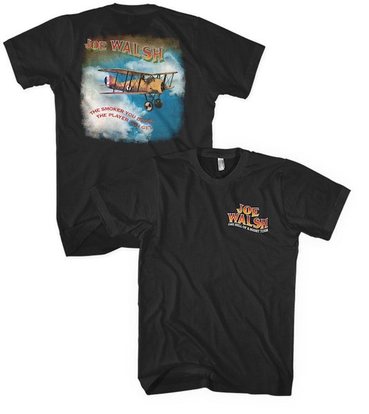 tee-black-front "Joe Walsh one hell of a night toor" on chest-back photo of biplane