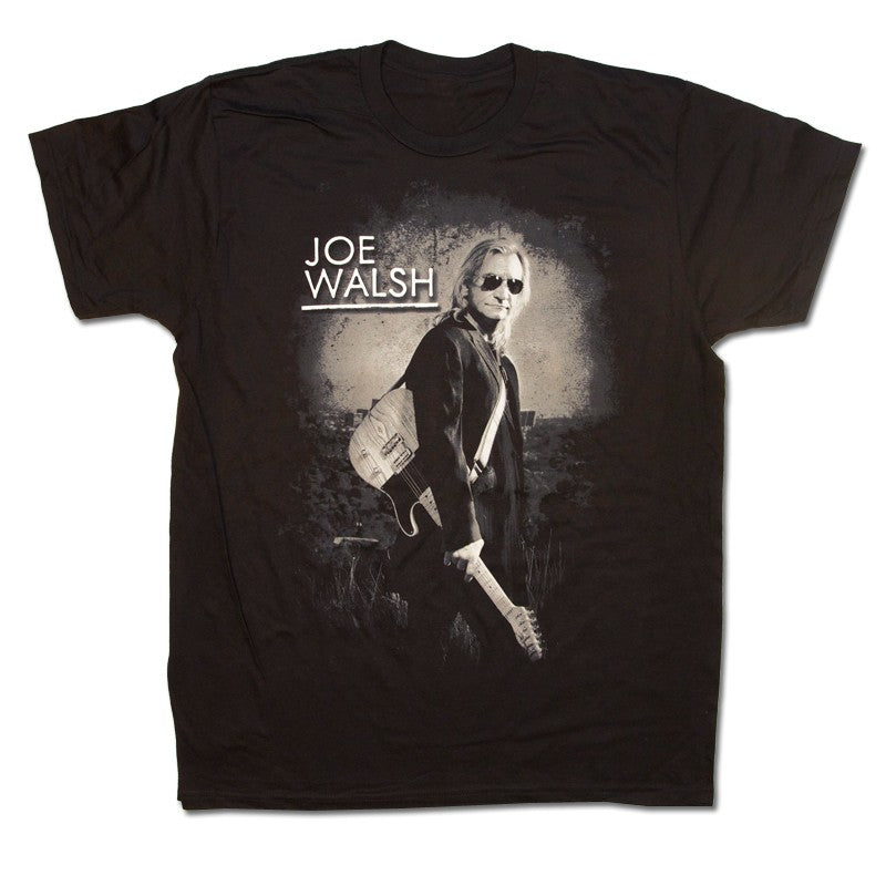 tee-black-front photo of joe and guitar "Joe Walsh"-back 2011 tour cities with photo of city