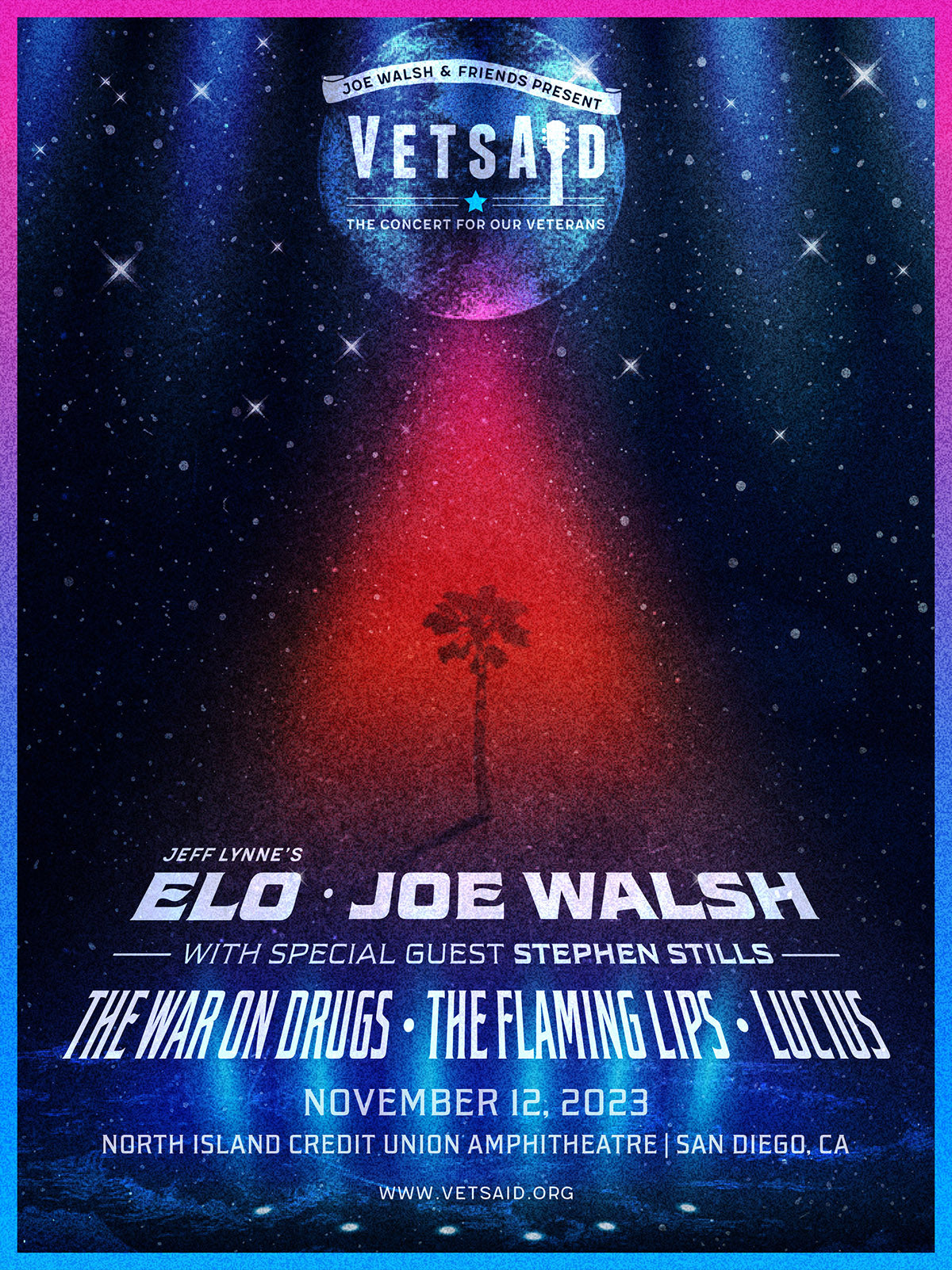 VetsAid November 12, 2023 - San Diego, CA - North Island Credit Union Amphitheatre - ELO, Joe Walsh, with special guests Stephen Stills, The War On Drugs, The Flaming Lips, Lucius