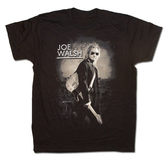 tee-black-front photo of joe and guitar "Joe Walsh"-back 2011 tour cities with photo of city