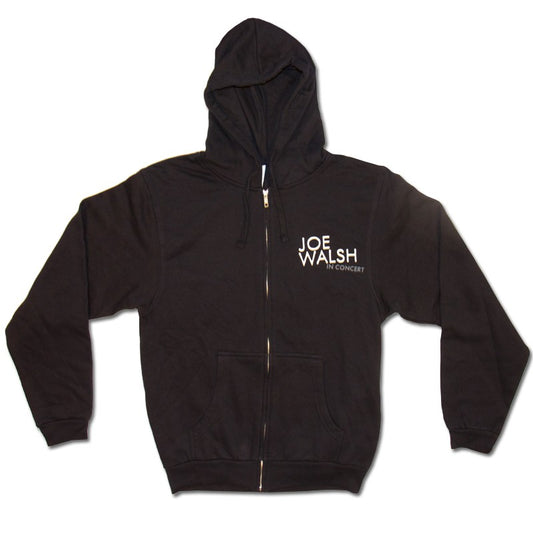 Zip up hoodie-black-front "Joe Walsh in concert" on chest-back photo of Joe